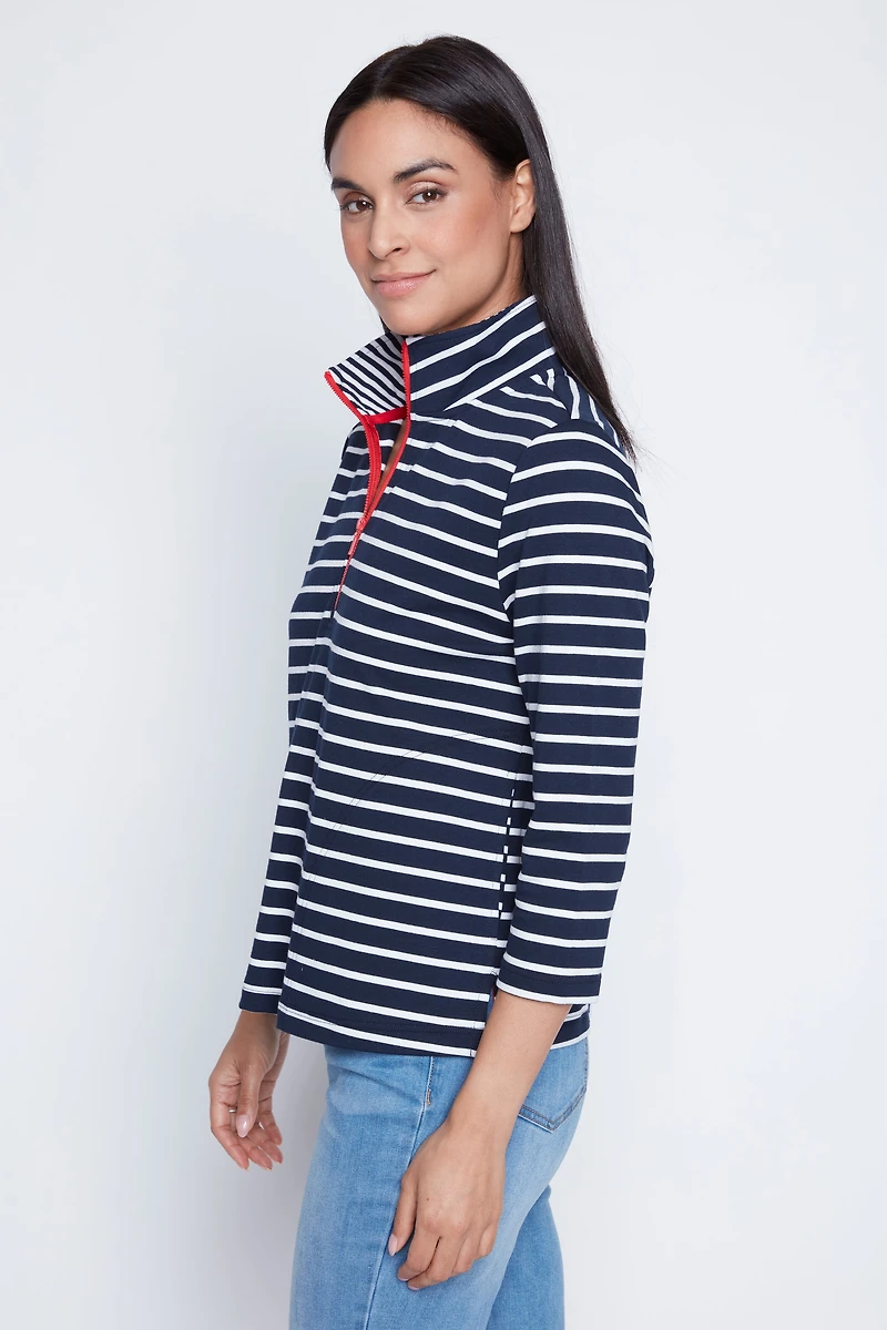 Zip mock neck striped t-shirt