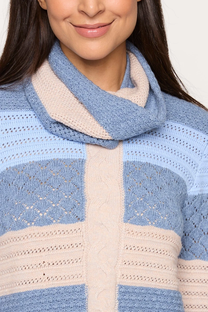 Colorblock Cable Knit Cowl Neck Sweater