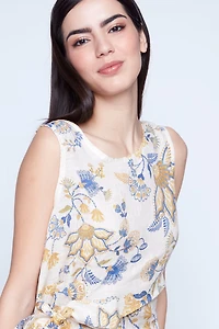 Floral print side bow linen dress