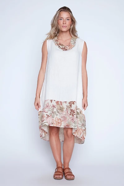 Border print linen dress