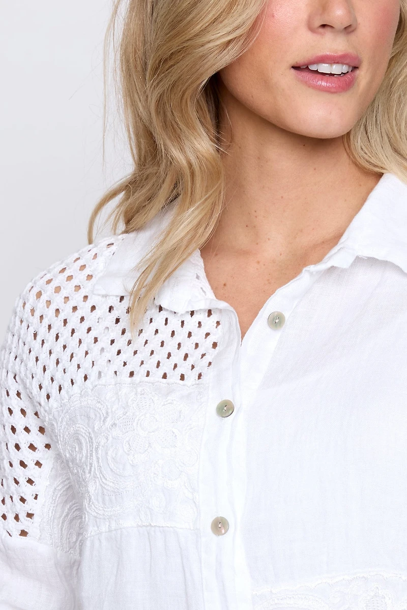 Crochet trim linen blouse