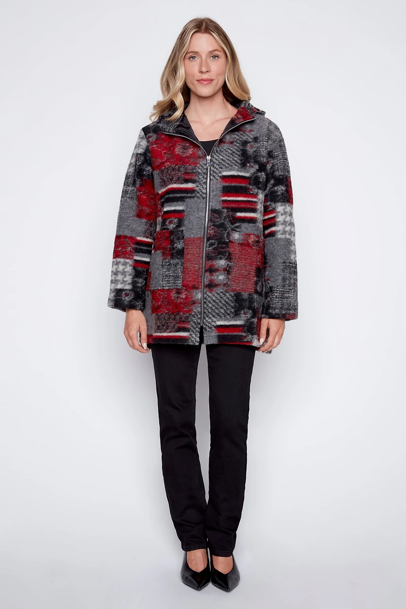 Patch print boiled wool jacket