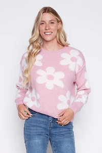 Flower with pearl detail wool blend sweater