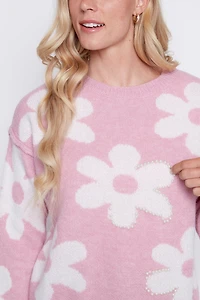 Flower with pearl detail wool blend sweater