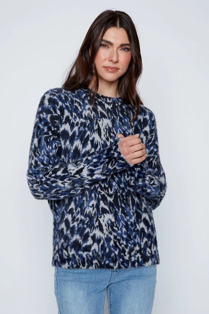 Printed eyelash mock neck sweater