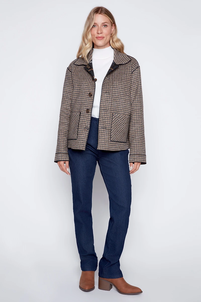 Reversible plaid wool blend jacket
