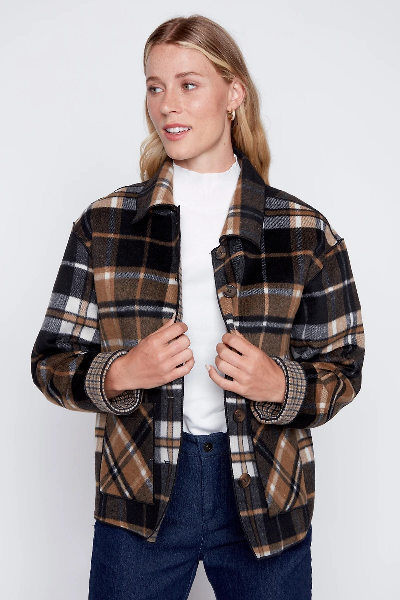 Reversible plaid wool blend jacket