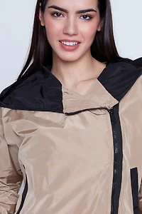 Off center zipper raincoat