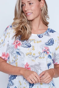 Feather floral print cotton gauze top