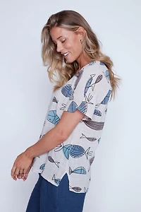 Fish print cotton gauze top
