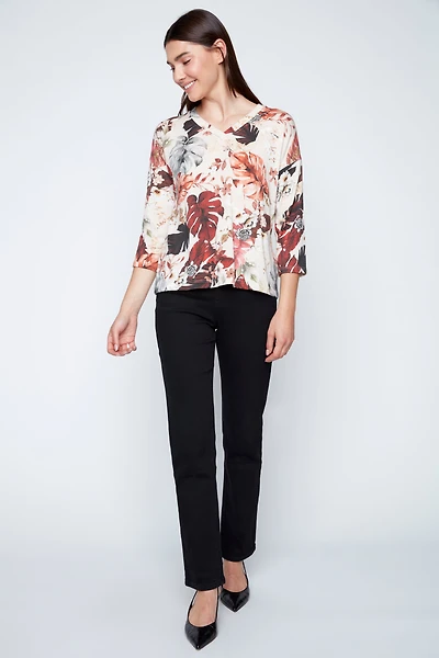 Leaf print knit top