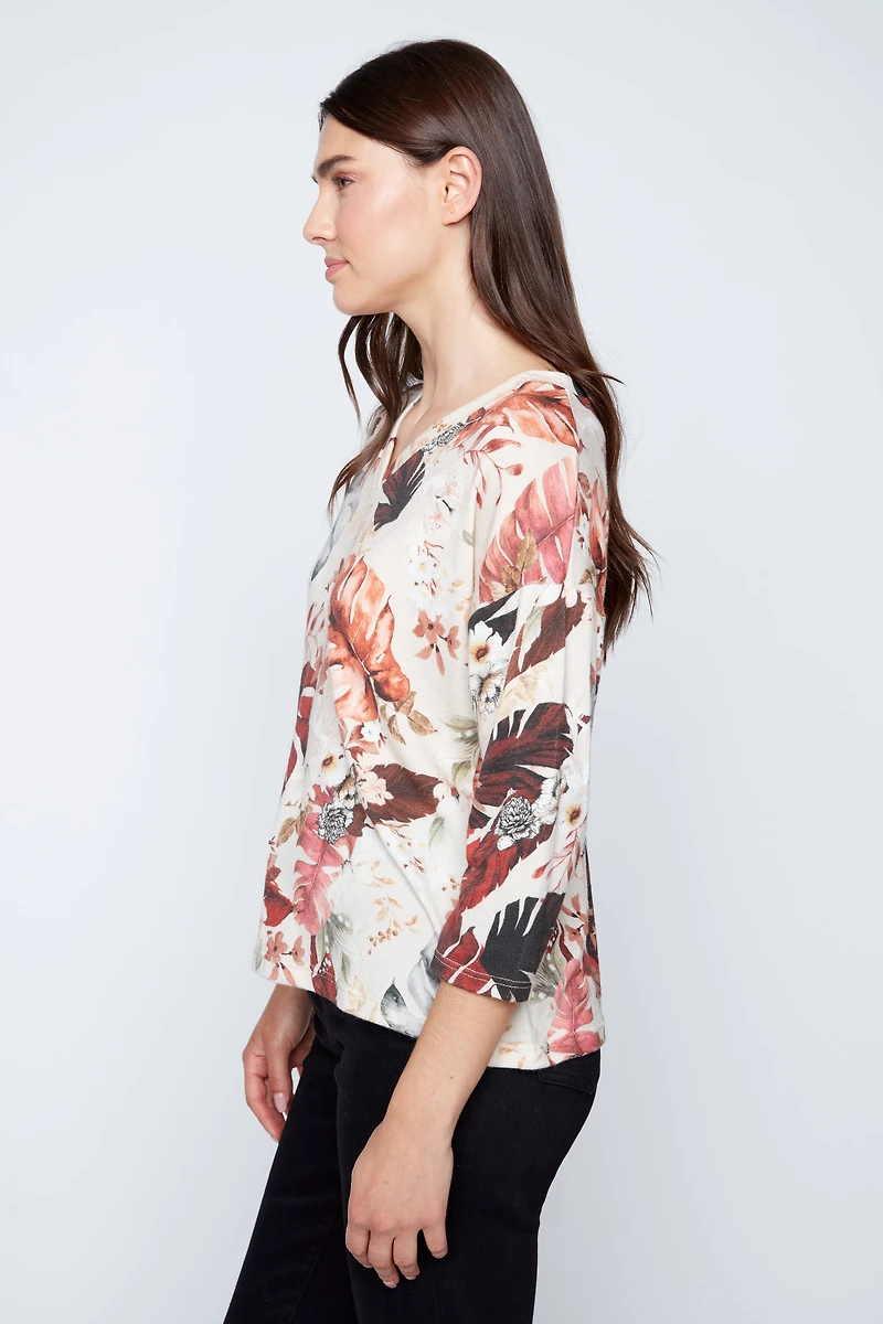 Leaf print knit top