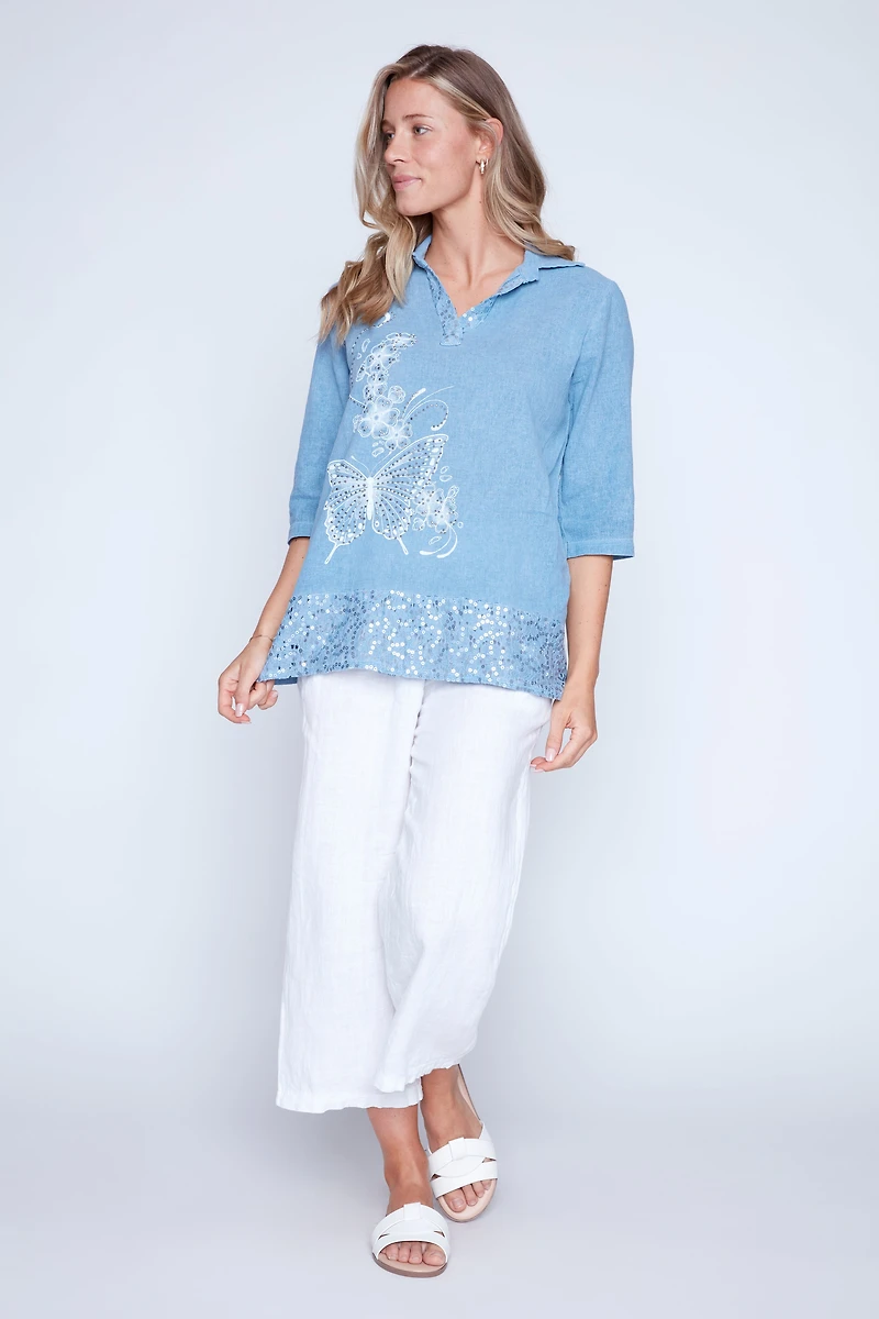 Johnny collar butterfly print top