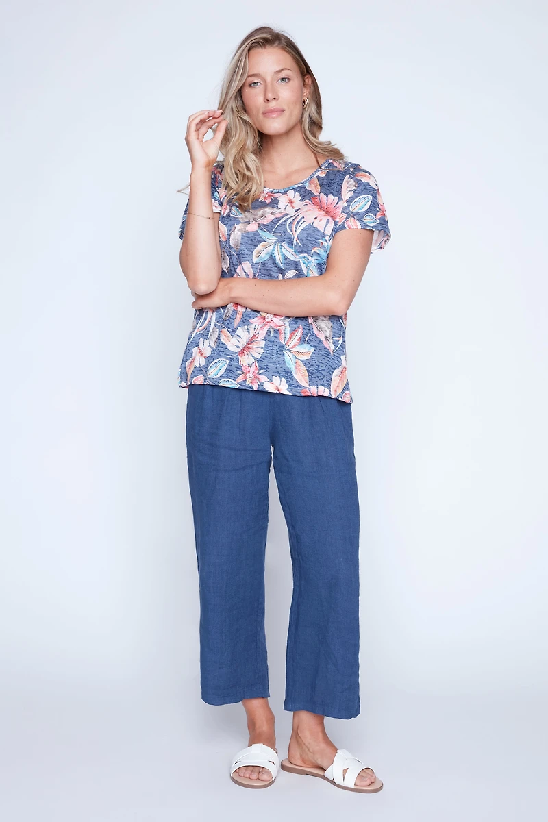 Tropical leaf print burn out t-shirt