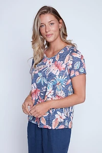 Tropical leaf print burn out t-shirt