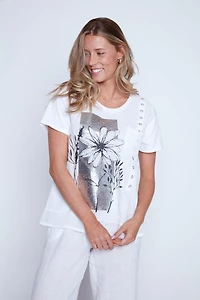 Floral print grommet detail top