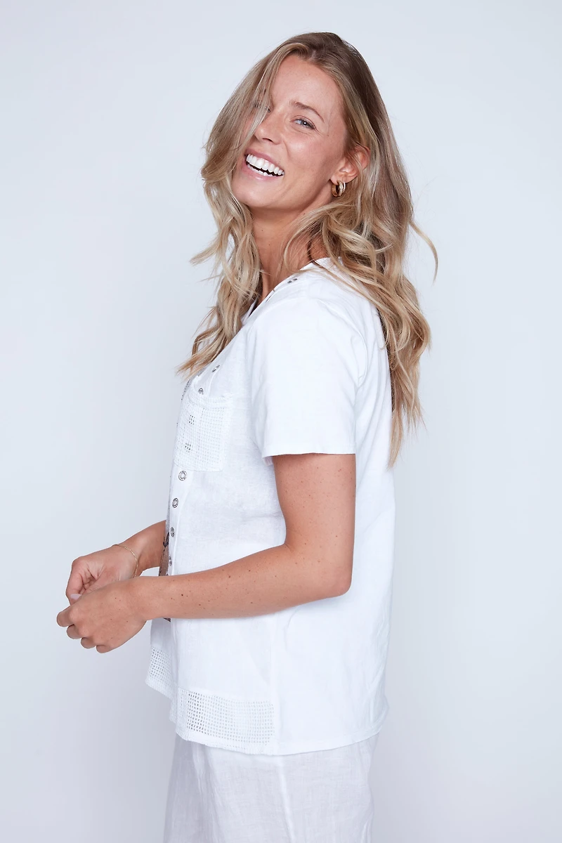 Floral print grommet detail top