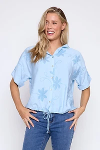 Leaf embroidery hooded blouse