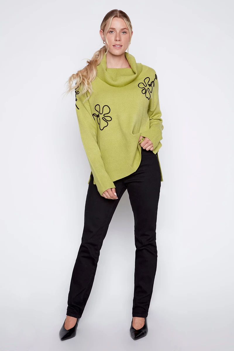 Cowl neck soutache flower sweater