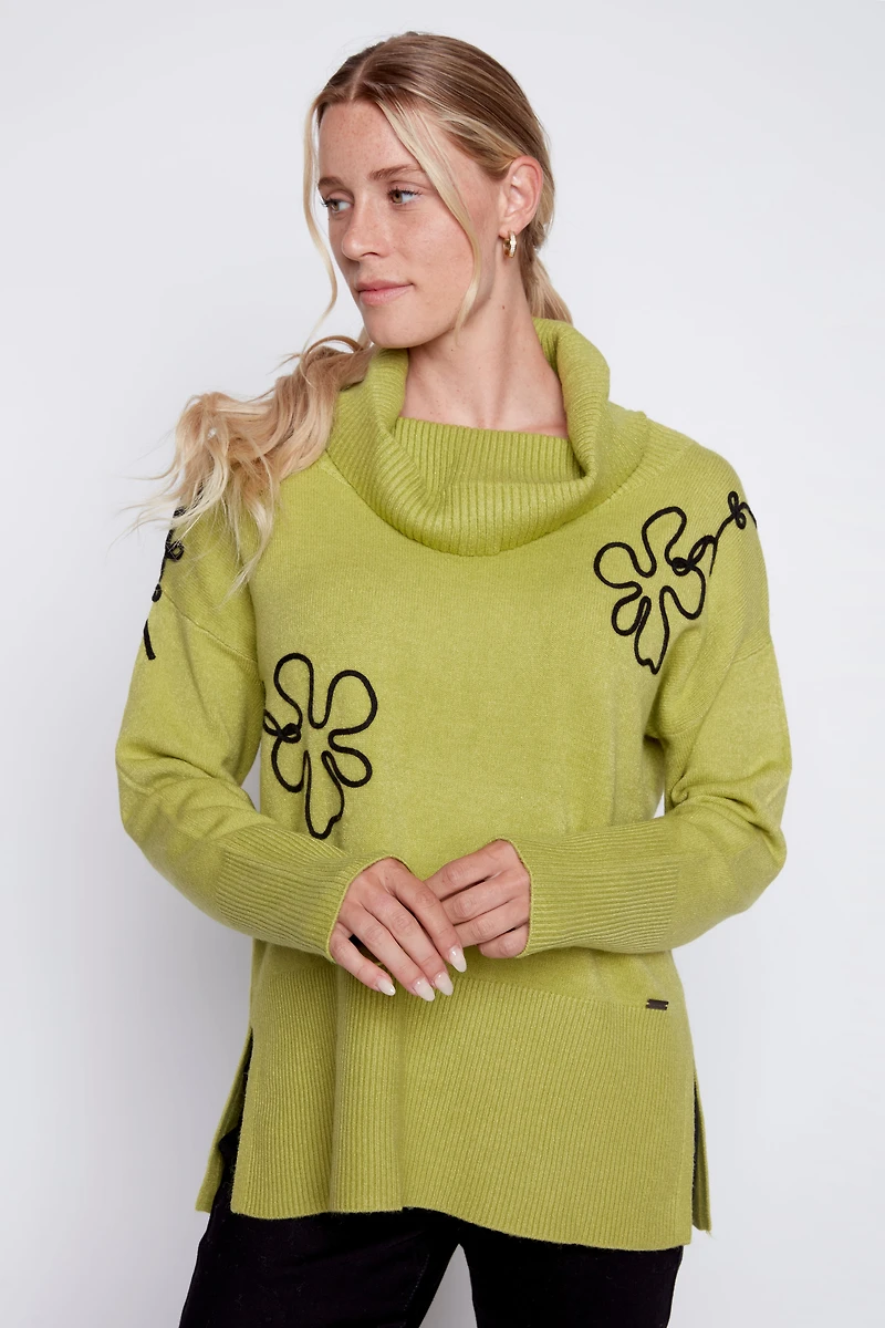 Cowl neck soutache flower sweater