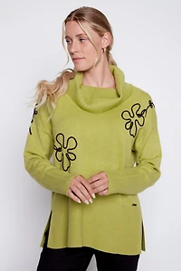Cowl neck soutache flower sweater