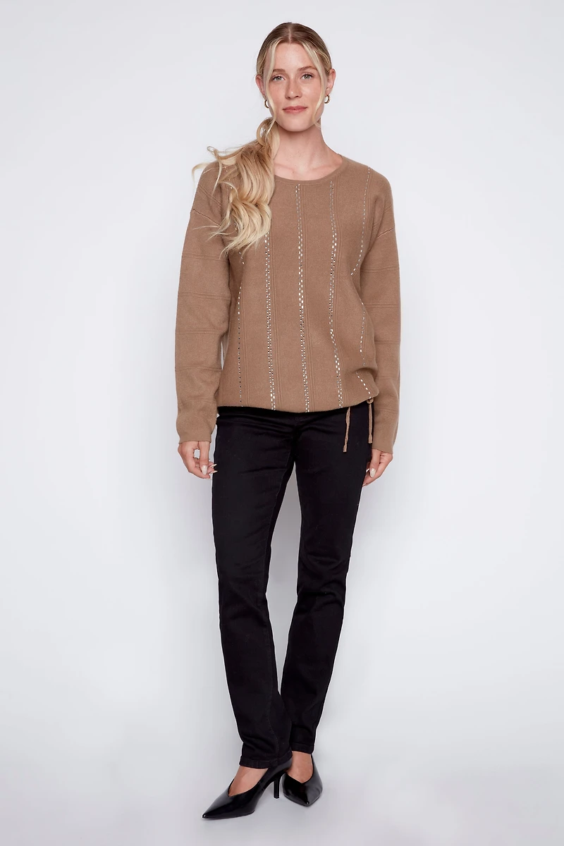 Rhinestone detail sweater with drawstring hem
