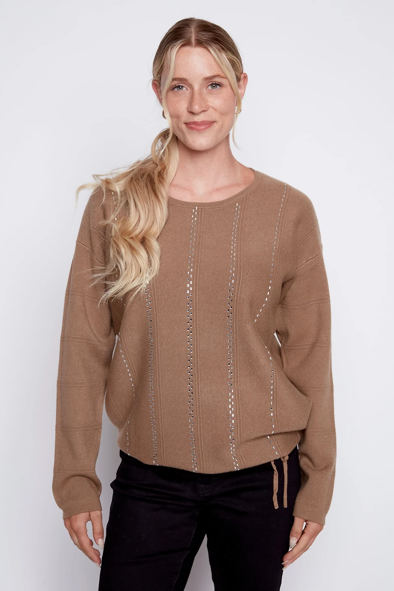Rhinestone detail sweater with drawstring hem