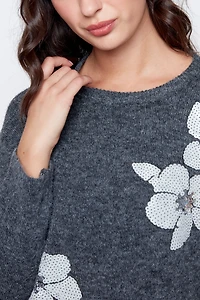 Sequin embroidery floral applique sweater