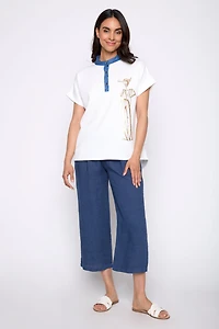 Foil print with denim scuba top