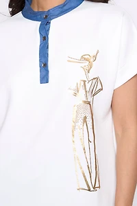 Foil print with denim scuba top
