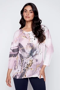 Marbled floral print knit top