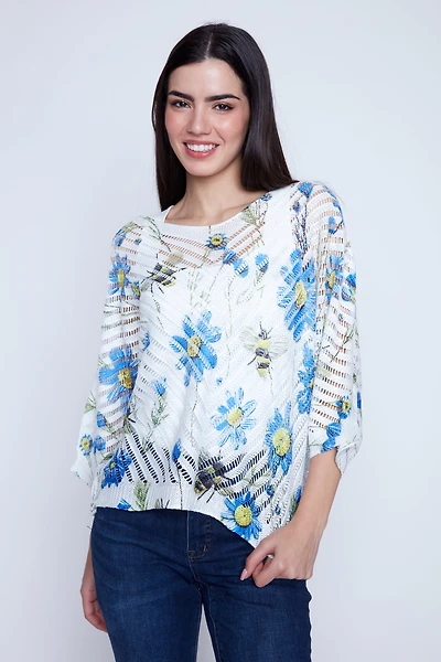 Floral bees print crochet top