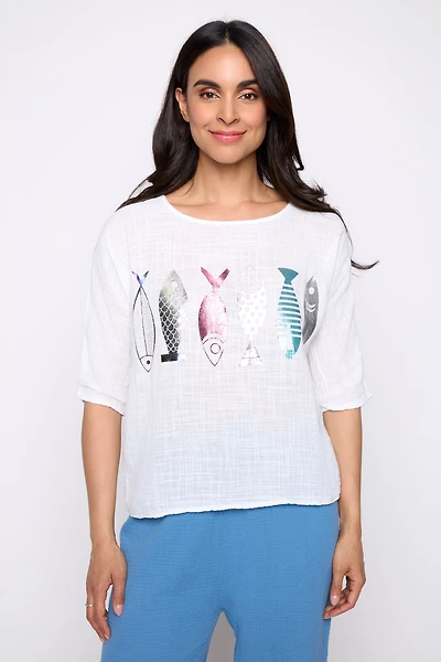 Fish print cotton gauze top