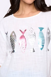 Fish print cotton gauze top