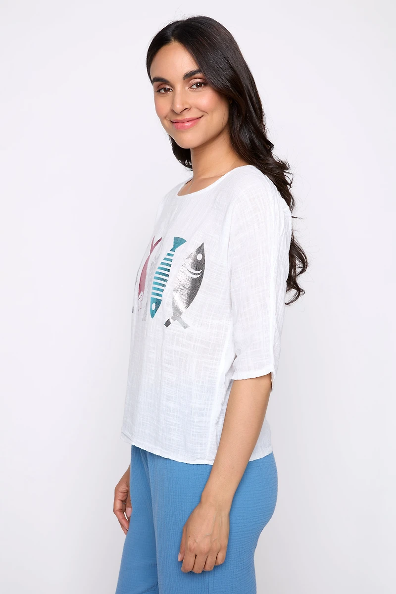 Fish print cotton gauze top