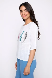 Fish print cotton gauze top