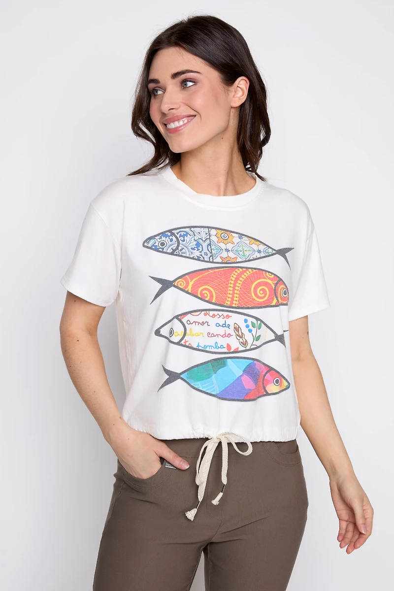 Fish print drawstring t-shirt