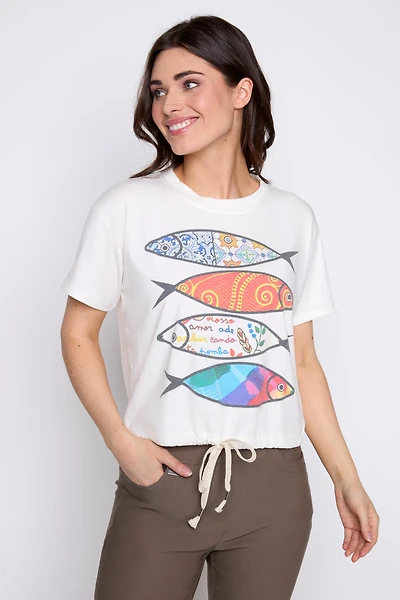 Fish print drawstring t-shirt