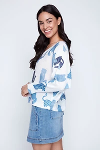 Soft cat print knit sweater