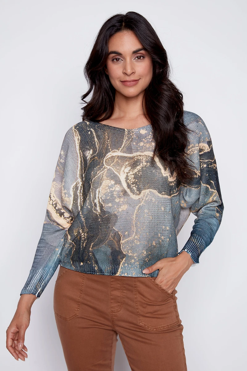 Abstract print sweater with foil detail