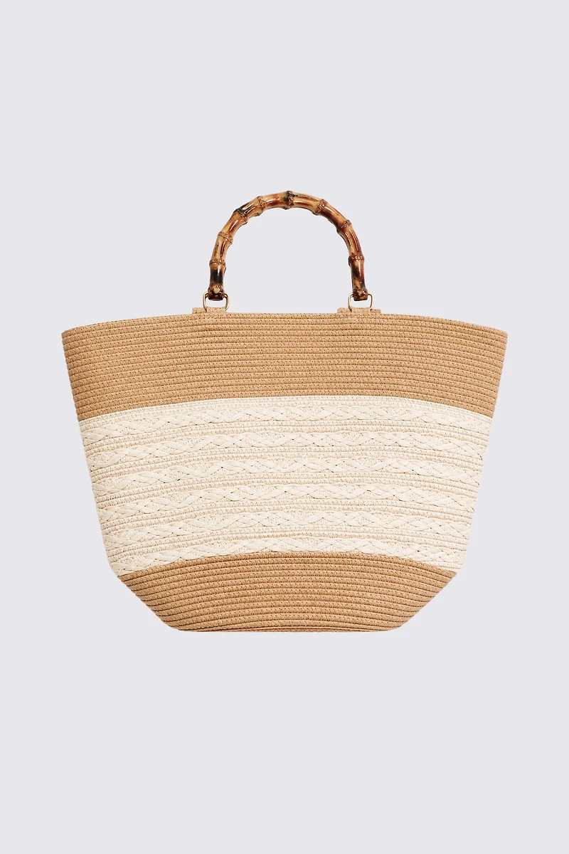 Bamboo handle straw tote