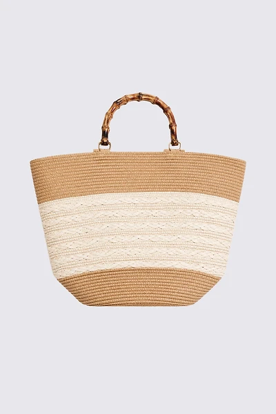 Bamboo handle straw tote