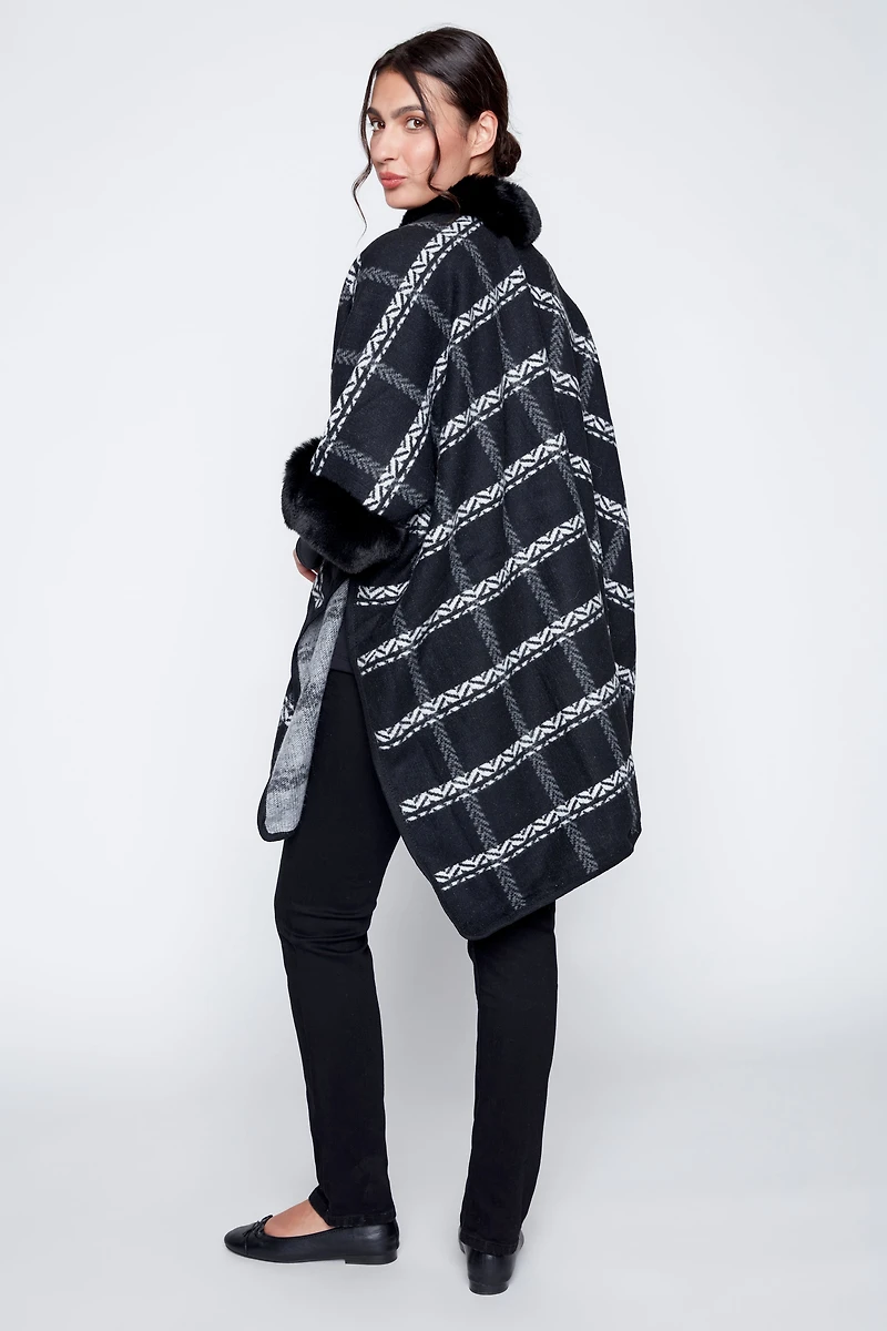Plaid cape with fur trim