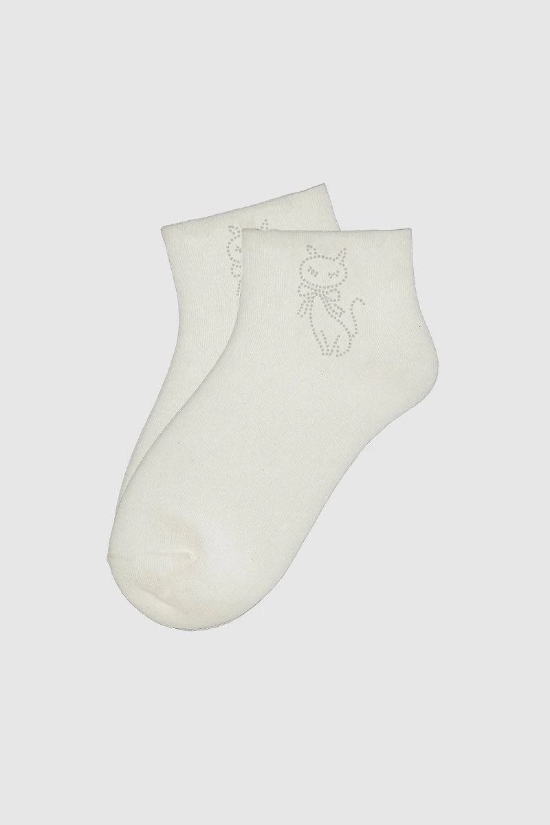 Embroidered cat with red bow ankle socks