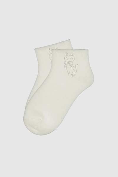 Embroidered cat with red bow ankle socks