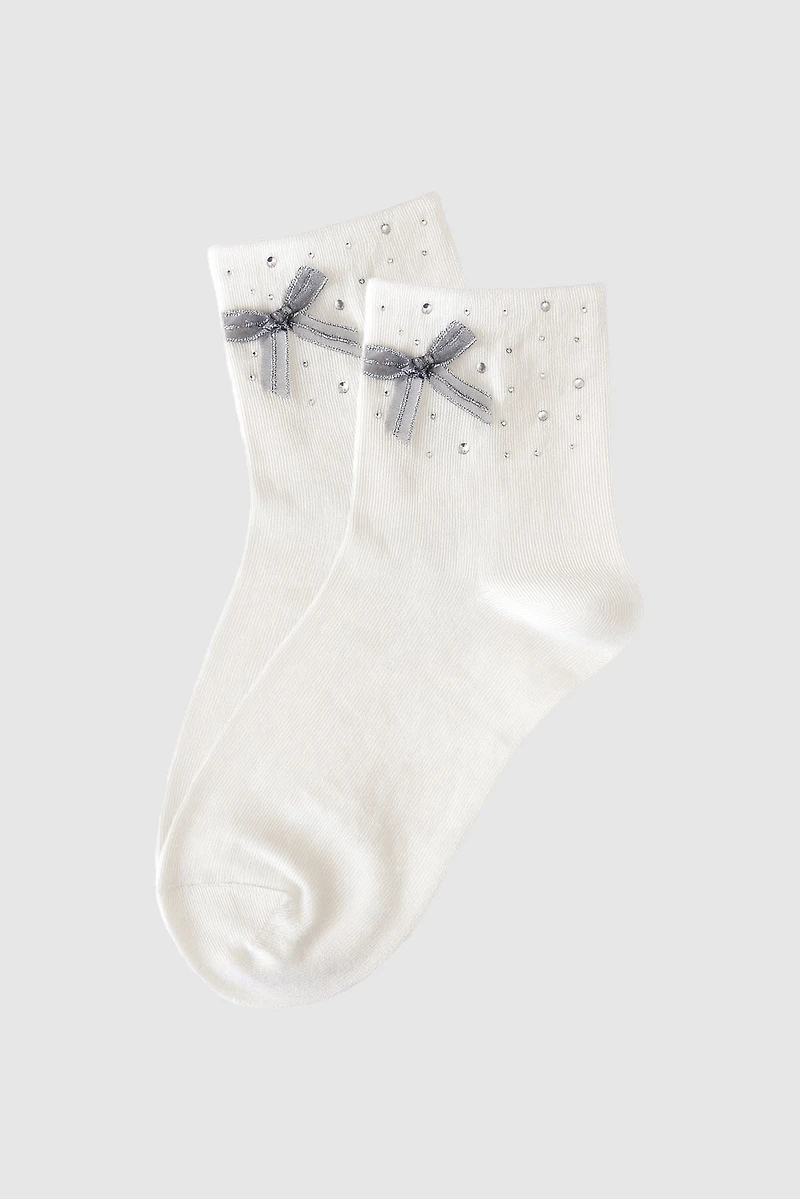 Rhinestone and ribbon bow accent ankle socks