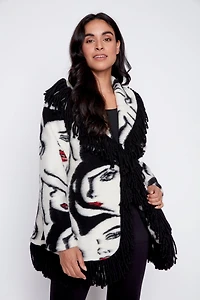 Face print boiled wool jacket with fringe