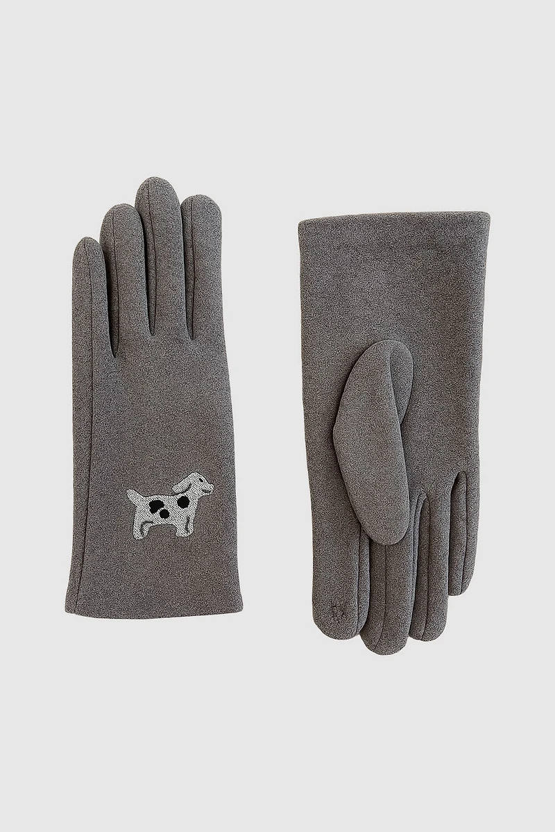 Knit gloves with dog embroidery