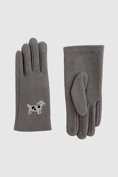 Knit gloves with dog embroidery