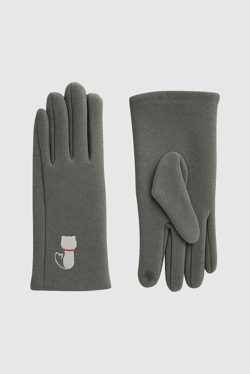 Knit gloves with cat embroidery